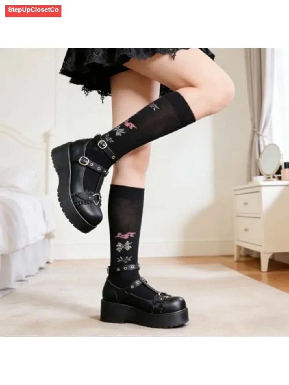 Goth Platform Mary Jane Pumps Ankle Strap Faux Leather Chunky Heel Shoes